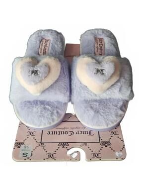 Juicy Couture Hiya Faux Fur Heart Slippers Lilac & Pink Size Small 5/6 NWT